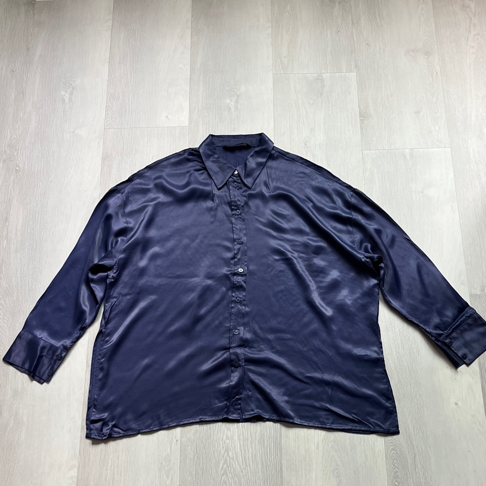 ZARA NAVY SATIN SHIRT BUTTON FRONT LONG SLEEVE BLOUSE LARGE